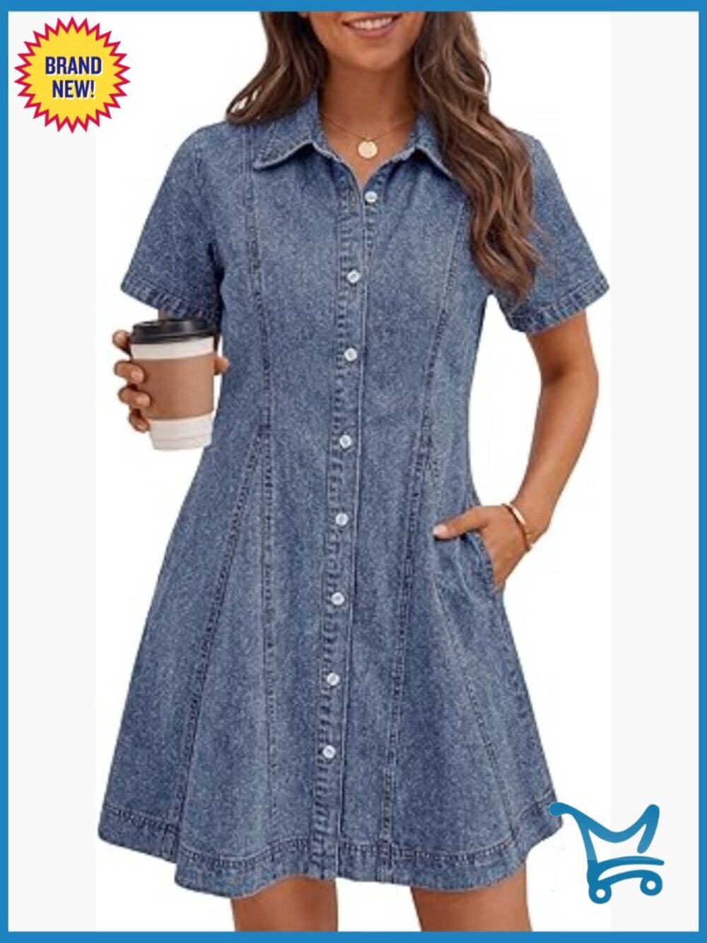 Knee-Length Button Down Casual Short Sleeve Jean Dress